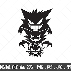 May include: Black graphic featuring three stylized monster characters. The top character has a spiky head and a wide grin. Below it is a similar character, and at the bottom is a round character with a smiling face. The text "DIGITAL FILE SVG, PNG, DXF, JPG, EPS" is at the bottom.