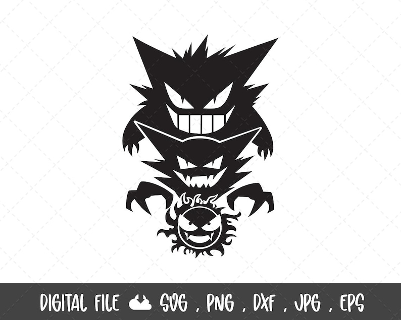 Puede incluir: Gr&aacute;fico negro con tres personajes monstruosos estilizados. El personaje superior tiene una cabeza puntiaguda y una amplia sonrisa. Debajo hay un personaje similar, y en la parte inferior un personaje redondo con una cara sonriente. El texto "DIGITAL FILE SVG, PNG, DXX, JPG, EPS" est&aacute; en la parte inferior.