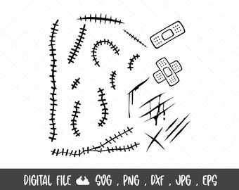Könnte beinhalten: Schwarz-weiße digitale Datei mit verschiedenen Stichen, Pflastern und Schnitten. Enthält gerade und gebogene Stiche, Pflaster mit gepunkteten Mustern und Bluteffekte. Der Text "DIGITAL DATEI" wird unten zusammen mit Dateityp-Abkürzungen angezeigt.