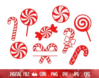 May include: A collection of red and white Christmas candy illustrations, including candy canes, lollipops, and wrapped candies. The image also includes the text "DIGITAL FILE" and file type abbreviations.