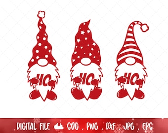 May include: Three red Christmas gnome designs with different hat patterns: polka dots, stars, and stripes. Each gnome holds a sign with the letters "HO". The image is a digital file.