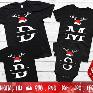 May include: Four black t-shirts and a onesie with a Christmas reindeer design. Each shirt features a white initial, antlers, and a Santa hat. The text "DIGITAL FILE SVG, PNG, DXF, JPG, EPS" is at the bottom.