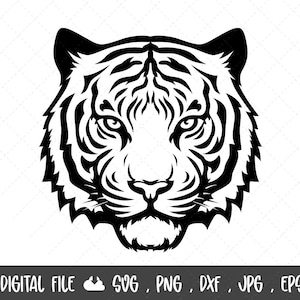 May include: A black and white tiger head illustration. The tiger's face is centered, with detailed stripes and facial features. The image includes the text "DIGITAL FILE SVG, PNG, DXF, JPG, EPS" at the bottom.