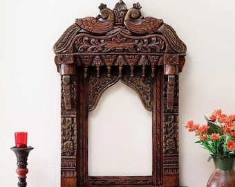 Traditional Wooden Peacock Jharokha Rajasthani Style Hand-Carved Wooden Jharokha Wall Decor Wall Mounted | Traditional Indian Wall Frame