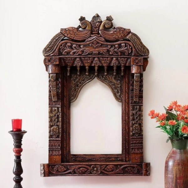 Traditional Wooden Peacock Jharokha Rajasthani Style Hand-Carved Wooden Jharokha Wall Decor Wall Mounted | Traditional Indian Wall Frame