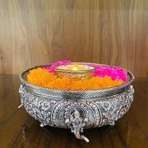 Ganesha Design Ethnic Silver Plated Brass 8 Inches Decor Urli Showpiece, Urli Decor, Decorative Urli for Corner Tables, Silver urli