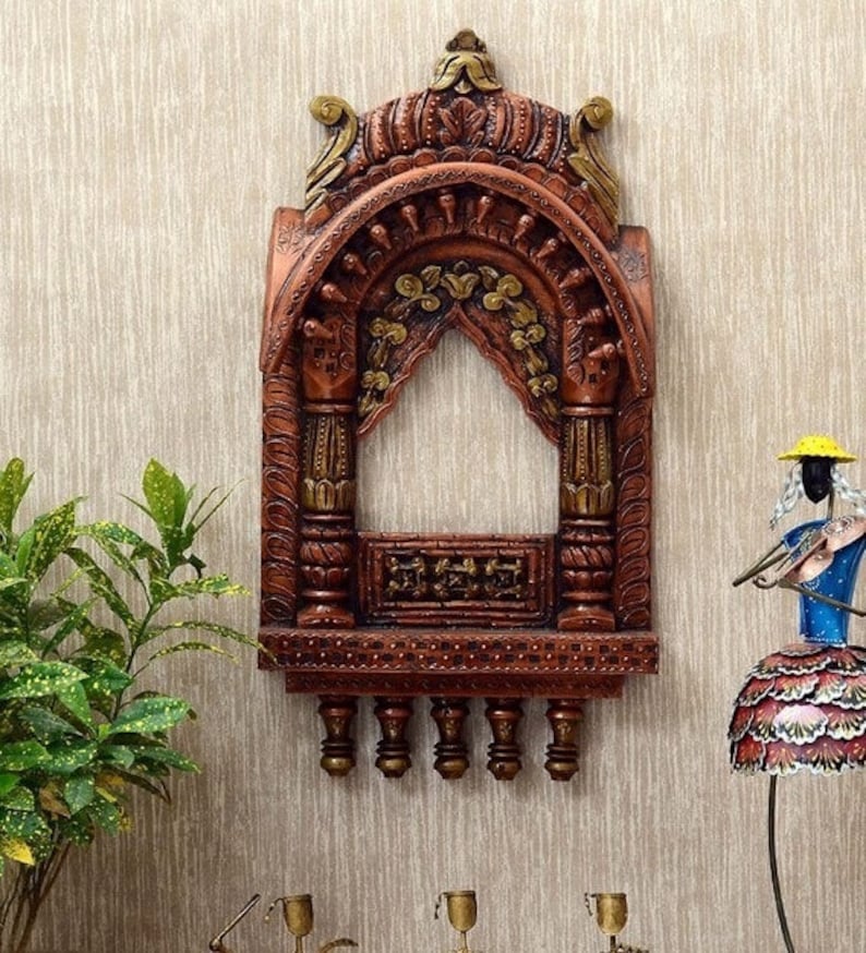 Traditional Wooden Dual Polish Jharokha Rajasthani Style Hand-Carved Wooden Jharokha Wall Decor Wall Mounted Traditional Indian Wall Frame image 1