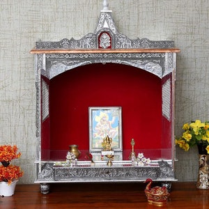 Silver & Aluminium Coated Wooden Temple Handcrafted Mandir Pooja Ghar Mandap For Worship Home Handicraft Pooja Room Decor Art
