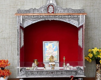 Silver & Aluminium Coated Wooden Temple Handcrafted Mandir Pooja Ghar Mandap For Worship Home Handicraft Pooja Room Decor Art