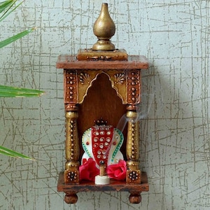 Handpainted Wall Mounted Pooja Mandir | Wooden Temple Handcrafted Mandir Pooja Ghar Mandap For Worship Home Handicraft Pooja Room Decor Art