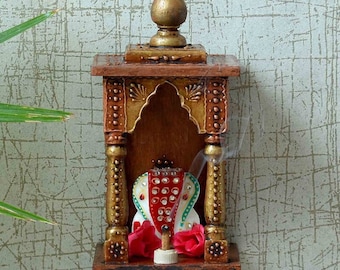 Templo de madera para Pooja, pintado a mano y montado en la pared, decoración del hogar