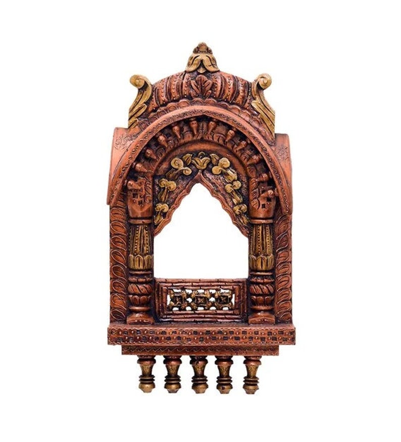 Traditional Wooden Dual Polish Jharokha Rajasthani Style Hand-Carved Wooden Jharokha Wall Decor Wall Mounted Traditional Indian Wall Frame image 3