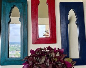 Reclaimed Wood Temple Mirror, Hand Carved Indian Jharokha, Wall Hanging
