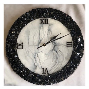 Handmade Resin wall clock in White and Black Colour with coated glittered crystals and small pieces of Glass High Quality Glorious Piece