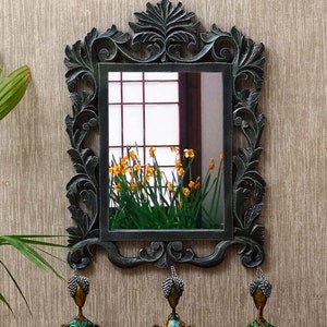 Traditional Wooden Rajasthani Style Hand-Carved Hand painted Framed Mirror |  Wall Decor Wall Mounted | Traditional Indian Wall Frame