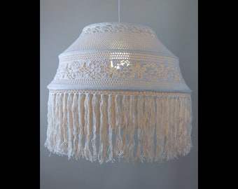 Macrame Fringe Chandelier, Unbleached Cotton, Bohemian Lamp Shade