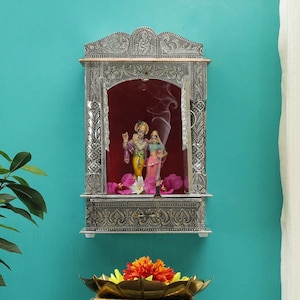 Silver & Aluminium Coated Wooden Temple Handcrafted Mandir Pooja Ghar Mandap For Worship Home Handicraft Pooja Room Decor Art