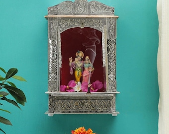 Silver Finish Hindu Temple, Radha Krishna Mandir, Pooja Ghar, Wall Hanging Altar