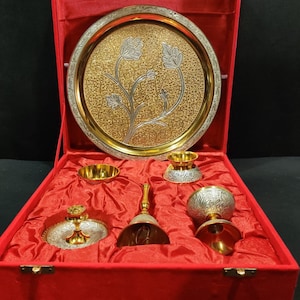 Handcrafted Pure Brass Double tone Pooja Thali Set | Housewarming Essential | Diwali Gift | Pooja Items | Home and Office Temple
