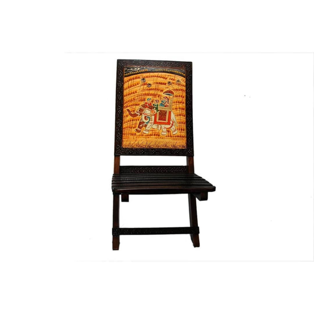 Rajasthani Solid Wood Hand Painted Folding Chair Wooden Sitting Chair