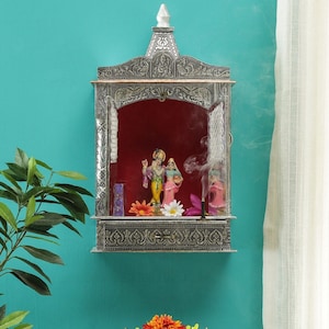Silver & Aluminium Coated Wooden Temple Handcrafted Mandir Pooja Ghar Mandap For Worship Home Handicraft Pooja Room Decor Art