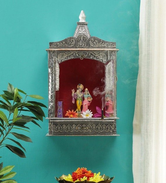Silver & Aluminium Coated Wooden Temple Handcrafted Mandir Pooja Ghar Mandap For Worship Home Handicraft Pooja Room Decor Art