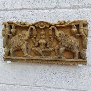 WOOD CARVED GAJALAKSHMI special wall art,decorative wall panels,pooja room decor,south indian carvings,lakshmi wall panel,main door decor