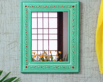 Traditional Wooden Rajasthani Style Hand-Carved Hand painted Framed Mirror |  Wall Decor Wall Mounted | Traditional Indian Wall Frame