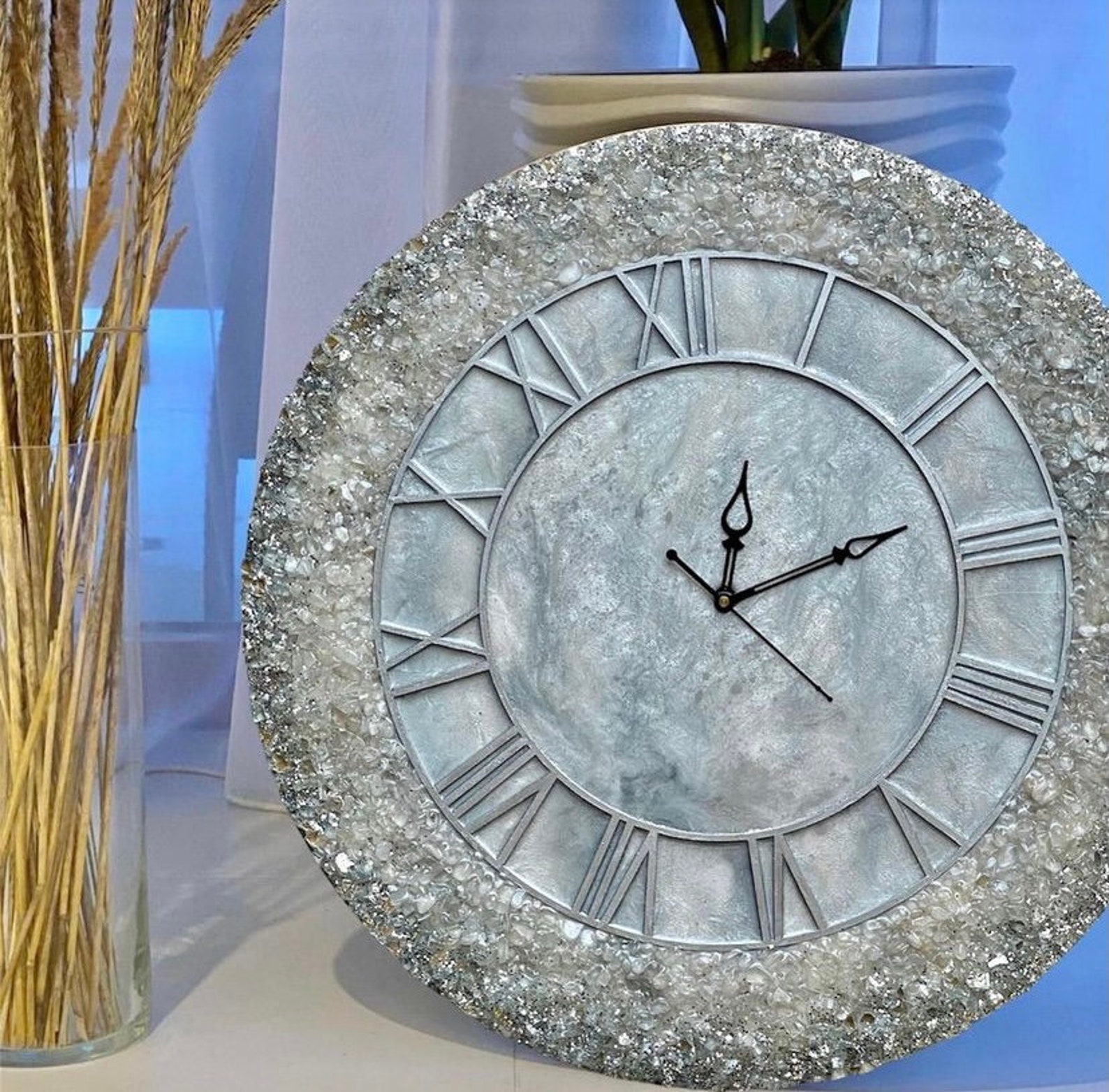 Handmade Resin Wall Clock With Silver Coated Glittered Etsy