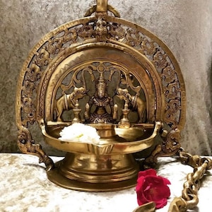 Traditional GajaLaxmi Vilakku Brass Oil Lamp of Kerala, Hanging Diya, Brass wall hanging lamp, Traditional home decor, brass oil lamp