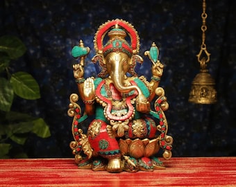 Brass Ganesha Statue, Turquoise Stone Work, Hindu God Sculpture