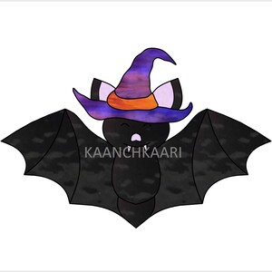 May include: A cartoon bat wearing a purple, orange and blue witch hat with a black body and wings. The bat has a happy expression with a small smile and two fangs.