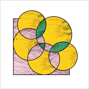 May include: An abstract design with overlapping yellow circles and black outlines, set on a textured pink background within a black square. Teal sections are visible. The text "KAANCHKAARI" is present.