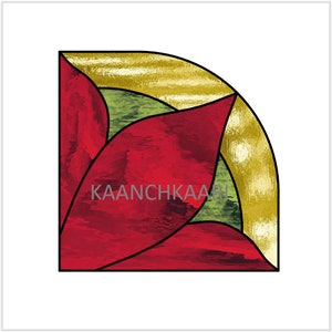 May include: A stained glass corner piece with a red, green and gold design. The design features a curved shape with a textured gold background.
