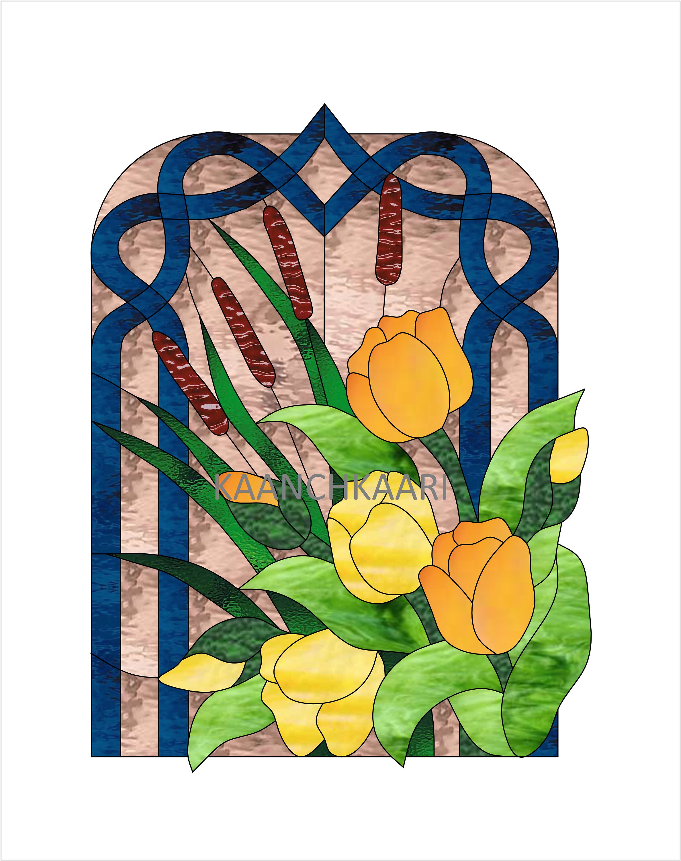 Stained Glass Pattern - Suncatcher - Tulips and Reeds- 14
