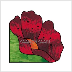 May include: A stained glass design of a red poppy flower with a green background. The flower has a dark red center and a light orange center.
