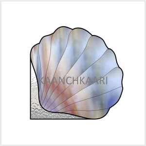 May include: A stained glass seashell with a blue, white and pink iridescent design. The shell is outlined in black.
