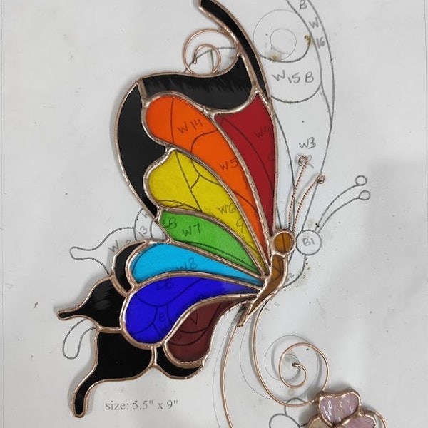 Digital Rainbow Butterfly Stained Glass Suncatcher/windchime Patrón 5.5" de ancho