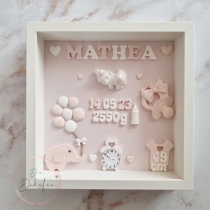 Può includere: Una cornice bianca con sfondo rosa. La cornice contiene diversi oggetti decorativi, tra cui un orologio, un biberon, un ciuccio, un palloncino, un elefantino e un vestitino per neonato. Il testo "MATHEA" è in cima alla cornice. La data "14.05.23" e il peso "2550g" sono anche inclusi. Il vestitino per neonato ha il numero "49" e la parola "cm" su di esso.