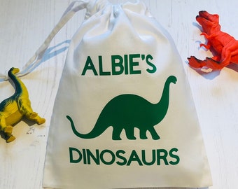 Personalised dinosaur drawstring bags, cotton toy bag, dinosaur storage bag, Dino toys, playroom storage, gift for boys, dinosaur bedroom,