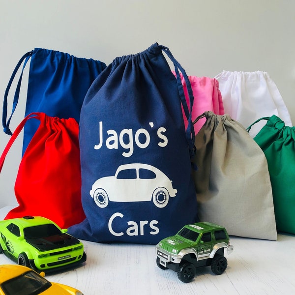 Personalised Cotton Drawstring Toy Bag with Car Design - Small and Large Sizes Available, Toy Organisation, Drawstring Storage Bag, Playroom