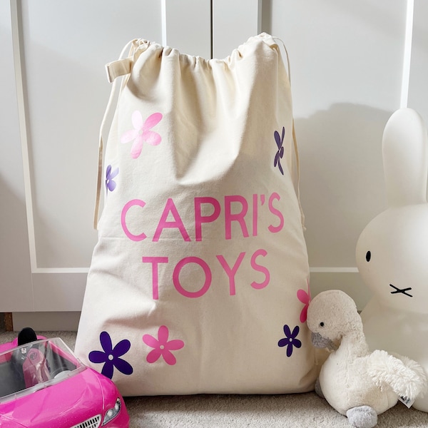 Personalised Toy Sack, Drawstring Bag, Playroom Storage, Toy Box, Kids Toys, Dressing Up Bag, Girls Room, Canvas Sack, Flower Room, Girls