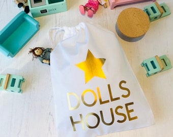 Personalised Drawstring Toy Storage Bag, Dolls House, Girls Gift Idea, Dolls Bag, Doll House Furniture, Toy Bag, Toy Storage