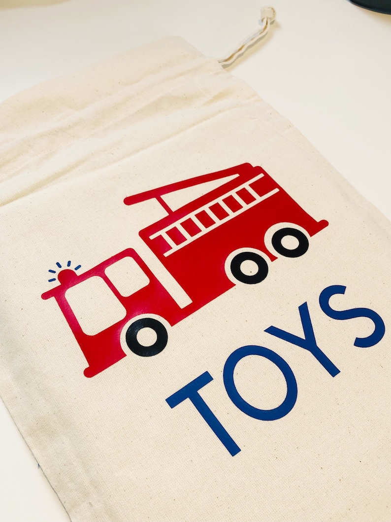 Personalised Fire Engine Toy Bag, Cotton Drawstring Bag, Kids Bedroom Storage, Toy Bag, Toy Storage, Toy Sack, Playroom Storage, Kids Gift image 3