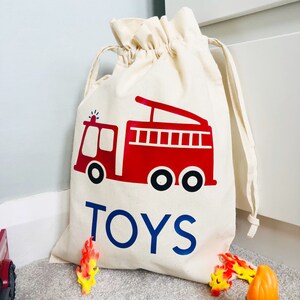 Personalised Fire Engine Toy Bag, Cotton Drawstring Bag, Kids Bedroom Storage, Toy Bag, Toy Storage, Toy Sack, Playroom Storage, Kids Gift image 1