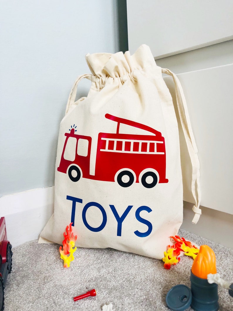 Personalised Fire Engine Toy Bag, Cotton Drawstring Bag, Kids Bedroom Storage, Toy Bag, Toy Storage, Toy Sack, Playroom Storage, Kids Gift image 1