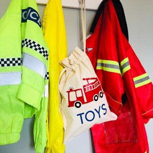 Personalised Fire Engine Toy Bag, Cotton Drawstring Bag, Kids Bedroom Storage, Toy Bag, Toy Storage, Toy Sack, Playroom Storage, Kids Gift image 4