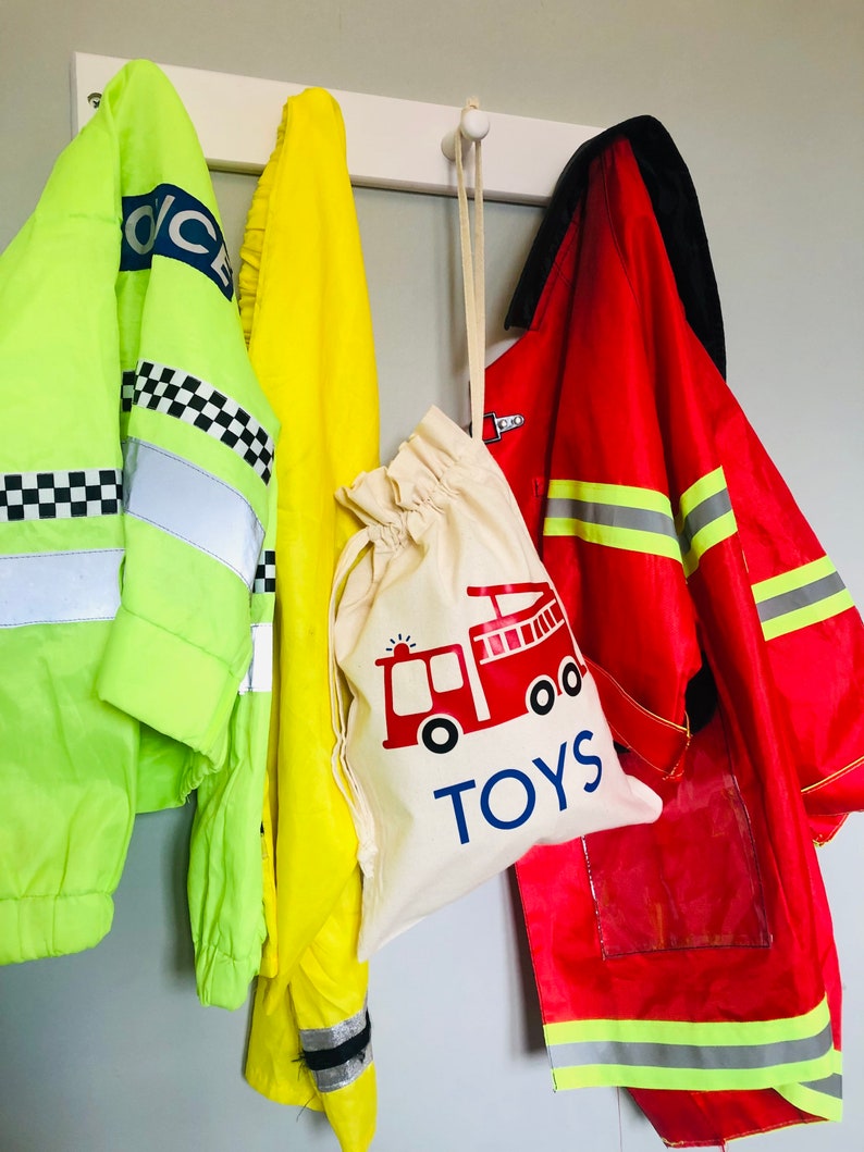 Personalised Fire Engine Toy Bag, Cotton Drawstring Bag, Kids Bedroom Storage, Toy Bag, Toy Storage, Toy Sack, Playroom Storage, Kids Gift image 4