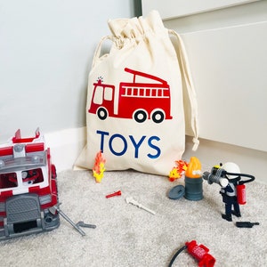 Personalised Fire Engine Toy Bag, Cotton Drawstring Bag, Kids Bedroom Storage, Toy Bag, Toy Storage, Toy Sack, Playroom Storage, Kids Gift image 5