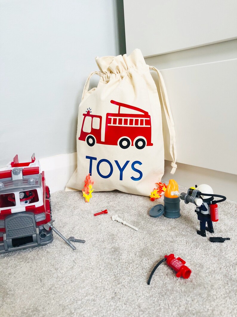 Personalised Fire Engine Toy Bag, Cotton Drawstring Bag, Kids Bedroom Storage, Toy Bag, Toy Storage, Toy Sack, Playroom Storage, Kids Gift image 5